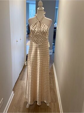 Bardot Cream Halter Maxi Dress with Black Polka Dots